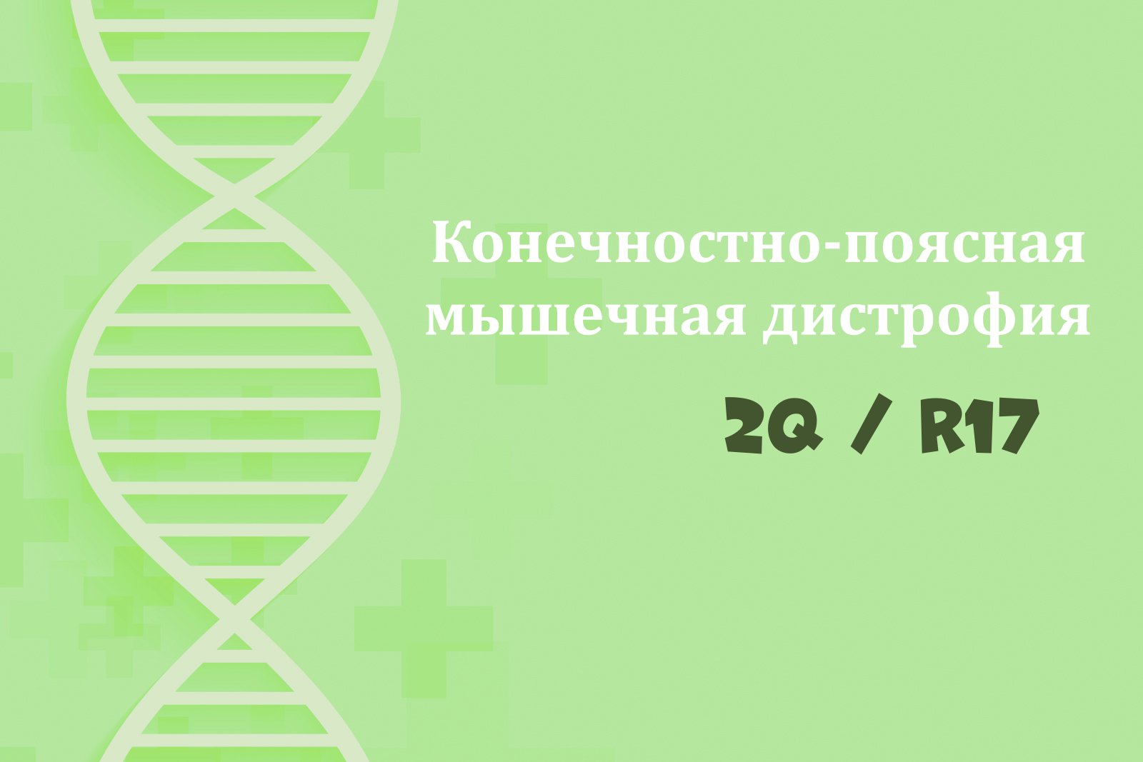 На зелёном фоне схема ДНК и надпись "Конечностно-поясная мышечная дистрофия 2Q / R17"